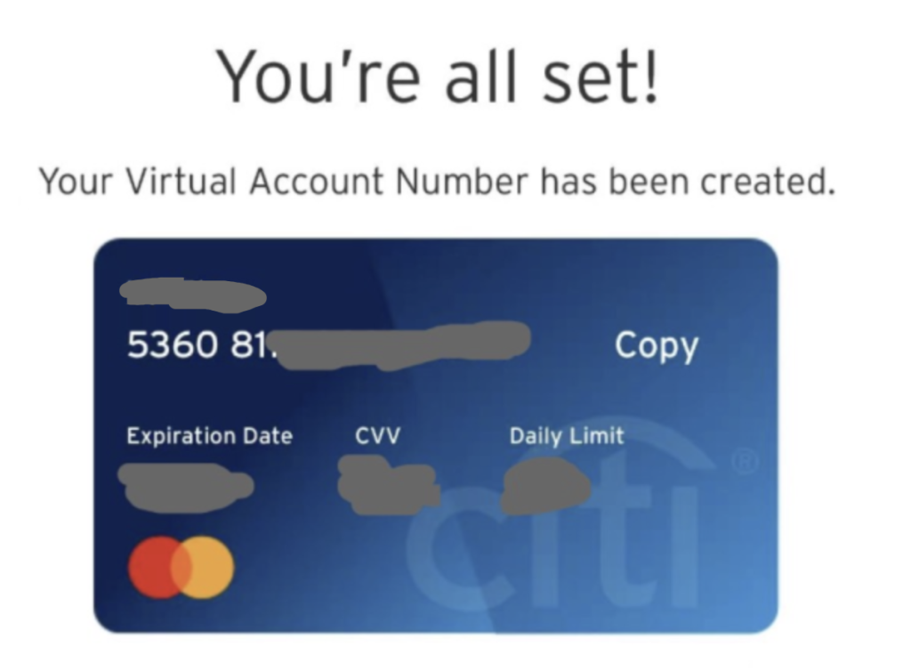 536081 新的master 万事达预付卡，花旗银行个人银行账户citi bank virtual master card